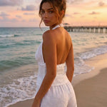 White Boho Eyelet Embroidered Halter Cutout Ruffle Trim Shorts Set