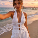 White Boho Eyelet Embroidered Halter Cutout Ruffle Trim Shorts Set