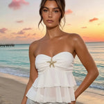 White Strapless Starfish Embellished Layered Ruffle Crop Top
