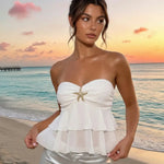 White Strapless Starfish Embellished Layered Ruffle Crop Top