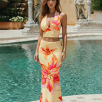 Yellow Vibrant Tropical Lily Print Stretch Knit Halter Crop Maxi Skirt Vacation Set