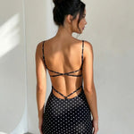 Sexy Black Polka Dot Lace Up Backless Mini Dress