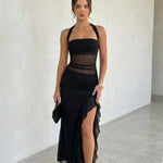 Sexy Black Halter Mesh Patchwork Sheer Side Slit Maxi Dress