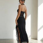 Sexy Black Halter Mesh Patchwork Sheer Side Slit Maxi Dress