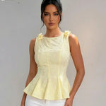 Yellow Corset Textured Embroidery Peplum Top
