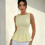 Yellow Corset Textured Embroidery Peplum Top