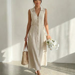 Beige Button-Down Linen Texture Slim Fit Midi Dress