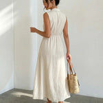 Beige Button-Down Linen Texture Slim Fit Midi Dress