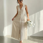 Beige Button-Down Linen Texture Slim Fit Midi Dress