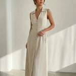 Beige Button-Down Linen Texture Slim Fit Midi Dress