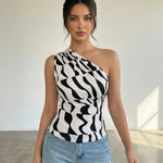 Black and White Abstract Print One-Shoulder Ruched Crop Top