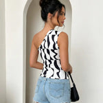 Black and White Abstract Print One-Shoulder Ruched Crop Top