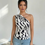 Black and White Abstract Print One-Shoulder Ruched Crop Top