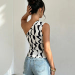 Black and White Abstract Print One-Shoulder Ruched Crop Top