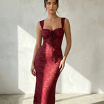 Burgundy Elegant Floral Lace Tie Front Slim Fit Midi Dress