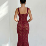 Burgundy Elegant Floral Lace Tie Front Slim Fit Midi Dress