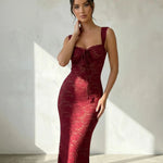 Burgundy Elegant Floral Lace Tie Front Slim Fit Midi Dress