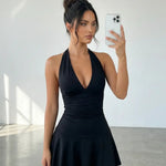 Black Halter Neck Ruched Flared Mini Dress
