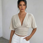 Beige V-neck Ruched Waist Soft Knit Slim Fit Cropped Top