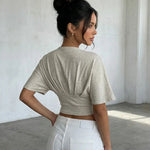 Beige V-neck Ruched Waist Soft Knit Slim Fit Cropped Top