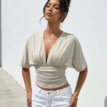 Beige V-neck Ruched Waist Soft Knit Slim Fit Cropped Top