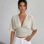 Beige V-neck Ruched Waist Soft Knit Slim Fit Cropped Top