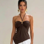 Brown Halter Ring Detail Knit Asymmetric Hem Top