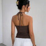 Brown Halter Ring Detail Knit Asymmetric Hem Top