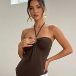 Brown Halter Ring Detail Knit Asymmetric Hem Top