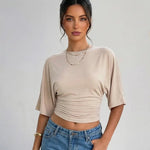 Elegant Beige Crew Neck Ruched Waist Cropped T-Shirt