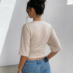 Elegant Beige Crew Neck Ruched Waist Cropped T-Shirt