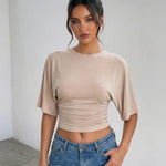 Elegant Beige Crew Neck Ruched Waist Cropped T-Shirt