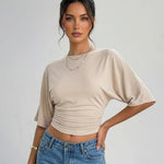 Elegant Beige Crew Neck Ruched Waist Cropped T-Shirt