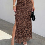 Sexy Leopard Print Drawstring Sheer Mesh Maxi Skirt