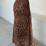 Sexy Leopard Print Drawstring Sheer Mesh Maxi Skirt