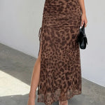 Sexy Leopard Print Drawstring Sheer Mesh Maxi Skirt