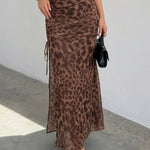 Sexy Leopard Print Drawstring Sheer Mesh Maxi Skirt