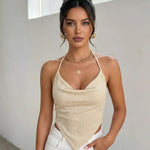 Beige Halter Neck Cowl Neck Tie Back Bandana Hem Crop Top
