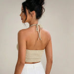 Beige Halter Neck Cowl Neck Tie Back Bandana Hem Crop Top
