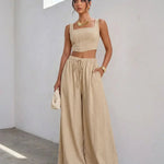 Beige Linen Blend Square Neck Corset Top Wide Leg Pants  Set
