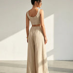 Beige Linen Blend Square Neck Corset Top Wide Leg Pants  Set