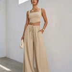 Beige Linen Blend Square Neck Corset Top Wide Leg Pants  Set