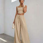 Beige Linen Blend Square Neck Corset Top Wide Leg Pants  Set