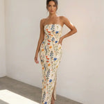 Floral Print Strapless  Ruched Bodycon Side Slit Maxi Dress