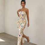 Floral Print Strapless  Ruched Bodycon Side Slit Maxi Dress