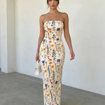 Floral Print Strapless  Ruched Bodycon Side Slit Maxi Dress
