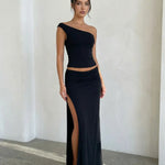 Black One Shoulder Crop Top And High Slit Maxi Skirt