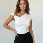 White One Shoulder with Gold Hardware Ruched Top Daily Wear Top