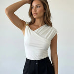 White One Shoulder with Gold Hardware Ruched Top Daily Wear Top