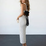 Polka Dot Strapless Choker Neck Bodycon Midi Dress with Bow